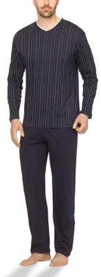 Produktbild von Moonline - Herren Schlafanzug lang aus 100% Baumwolle mit V-Ausschnitt und Streifen-Design ; Marine , 3XL