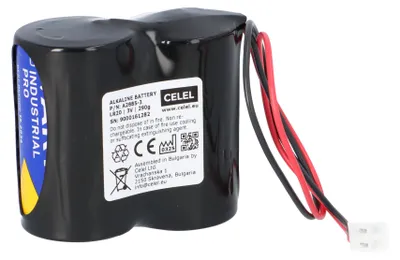 A close-up studio shot of a black alkaline battery pack with a white label and red and black wires.