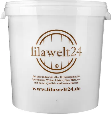 A white plastic bucket with a brown logo and text.