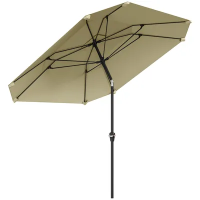 An open umbrella with a beige canopy and black pole, isolated on a white background.