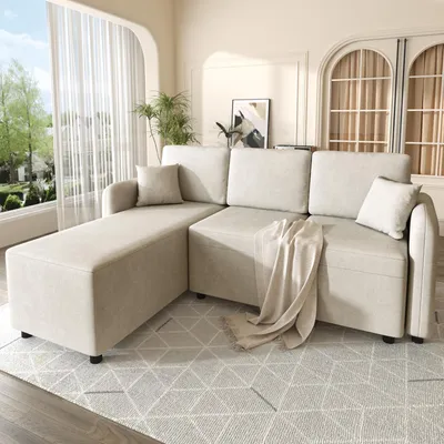 Image de Canapé d'angle en forme de L, 3 places, surface de couchage de 144 cm, tissu chenille, rembourrage en mousse haute densité, capacité de 150 kg, 2 coussins (couleur kaki clair)