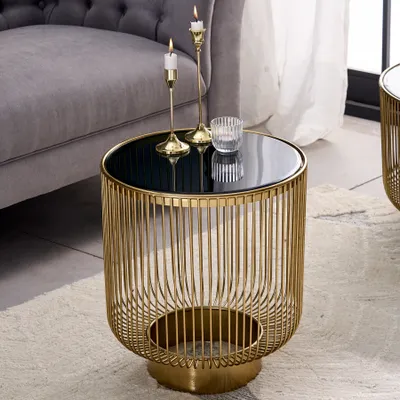 Produktbild von riess-ambiente Filigraner Design Beistelltisch VARIATION 50cm gold Metall rund Schwarzglas Couchtisch Tisch