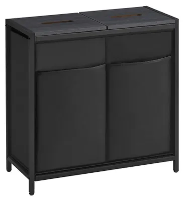 A studio shot of a black laundry sorter with two compartments and wooden lids.