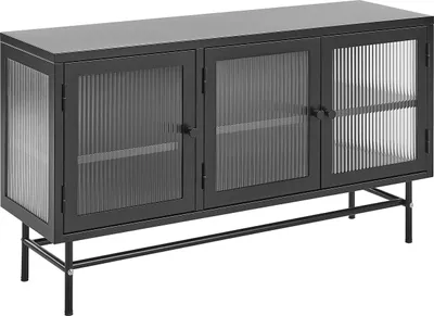 Produktbild von BELIANI Sideboard Schwarz Stahl 35 x 115 x 64 cm mit 3 Durchsichtigen Glastüren 4 Regalböden 3 Griffen Industriell Flur Schlafzimmer Küche Wohnzimmer