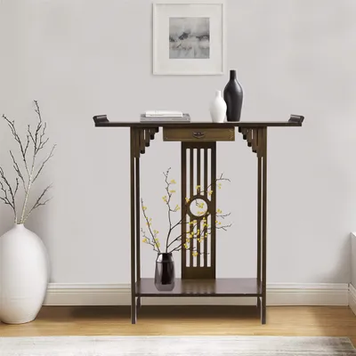 Image de WISFOR Table console avec tiroir et 2 étagères, table deen bambou, design oriental classique Table de couloir