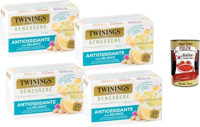 Produktbild von Italian Gourmet Kräutertee Antioxidant mit Selen – 4 x 18 Teebeutel (144 g), aromatisierter Kräuteraufguss mit Zitrone, Fenchel, Ingwer & Klette, heiß & kalt + Italian Gourmet Polpa
