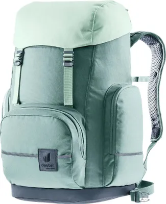 A studio shot of a green Deuter backpack.