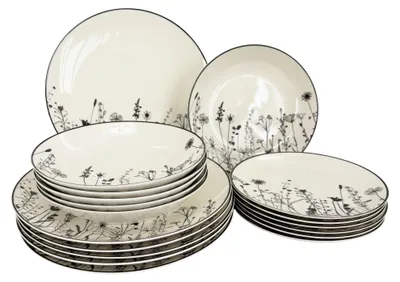 Produktbild von 18-teiliges Porzellanteller-Set „Linea Garden“ – schwarzes Dekor, by inspire