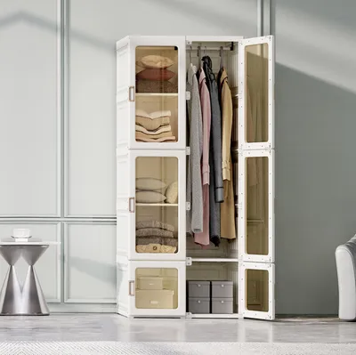 Produktbild von Tragbarer Kleiderschrank, 69 x 50 x 170 cm, faltbar, mit Kleiderstange und Magnettüren, weiß