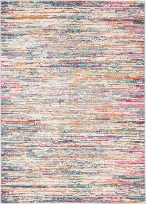 A flat lay image of a rug with a striped, abstract pattern.