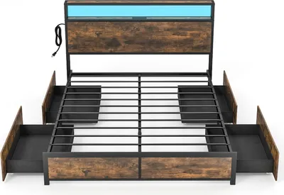 Produktbild von Bettgestell 160x200 cm mit LED, Metallrahmenbett Metallbett mit Ladestation, Schrankbett 4 Bodenschubladen, Bettrahmen Stauraum unter dem Bett