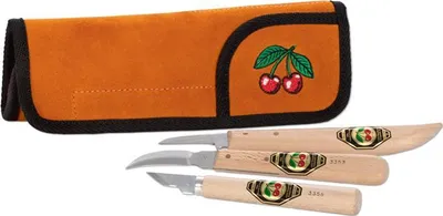 Image de Jeu de couteaux à découper Cerises dans une pochette à roulettes en cuir velours