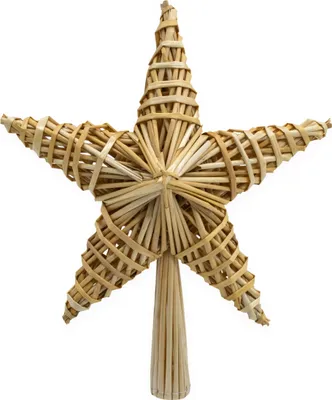 A straw star-shaped tree topper against a white background.