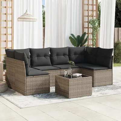 Produktbild von Design 7-tlg. Garten-Sofagarnitur mit Kissen Grau Poly Rattan, Gartenmöbel-Sets 2024 Neu