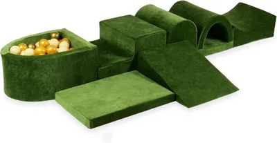 Produktbild von XXL Spielplatz aus Schaumstoff mit Bällebad Velvet Soft Oliv (100 Bällen: Beige/Gold/Altgold) - Großbausteine zum Toben & Klettern - Soft Spielbausteine für Baby & Kleinkind