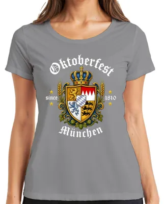Productafbeelding van München 1810, Wapen van Beieren, "Wiesn" (biergarten), kroon, lederhosen, leeuw, dames T-shirt, grijs, maat XL