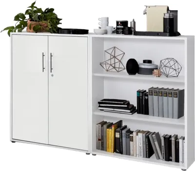 Produktbild von Aktenschrank TABOR 1 niedrig in weiß / weiß matt, Schrankwand, Büroschrank, abschließbar, Metallgriffe