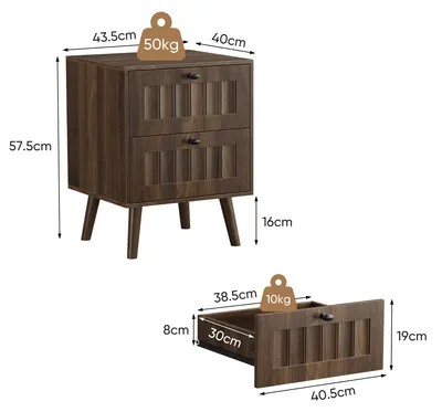 Obrázek produktu pro Noční stolek 43.5 x 40 x 57.5 cm se 2 zásuvkami, drážkovaným vzorem, nohy z masivního dřeva, ořech