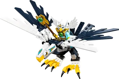 A Lego toy bird with a rider, on a white background.