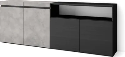 Produktbild von Sideboard, Highboard, 200x35x75cm, 4 Türen, Wohnzimmer, Küche, Zementgrau und Schwarz