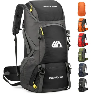 Zdjęcie produktu dla Plecak turystyczny 50L, plecak trekkingowy z pokrowcem przeciwdeszczowym, wodoodporny, do biwakowania, wspinaczki górskiej i podróży, kolor: czarny
