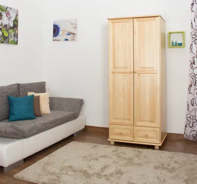 Produktbild von Kleiderschrank aus Massivholz Kiefer 190x90x60 cm mit 1 Kleiderstange und 2 Schubladen