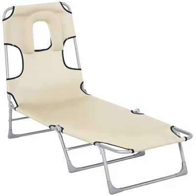 Produktbild von Klappbare Sonnenliege mit Gesichtsöffnung, 5-fach verstellbar, 182x56x28 cm, Beige, gepolsterte Leseöffnung und Armöffnungen, Oxford-Gewebe strapazierfähig, inkl. Kopfstütze