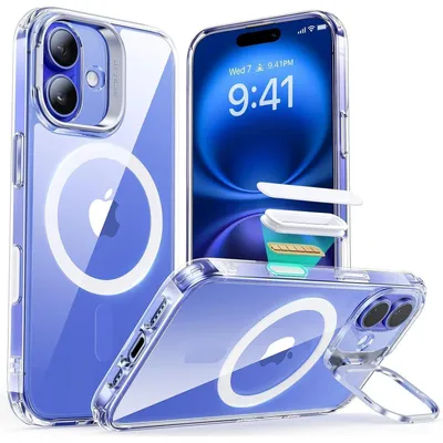 Image de Coque de protection pour iPhone 16 Plus, compatible MagSafe et avec support intégré, transparente