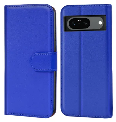 A blue flip case for a Google Pixel 8 phone is shown from the front and back.