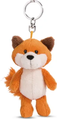 A plush toy fox keychain is shown against a white background.