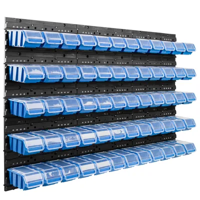 A wall-mounted storage system with multiple blue bins.