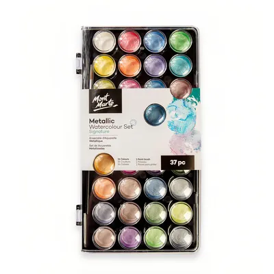 Produktbild von Mont Marte Metallic Aquarellfarben Set – 36 brillante Wasserfarben mit Pinsel – Schimmernde Effekte & hohe Deckkraft – Für kreative Kunstprojekte
