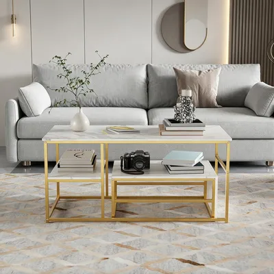 Productafbeelding van INONEFT Salontafel set van 2, moderne salontafel met marmerlook, salontafel met marmerlook en metalen frame, bijzettafel met opbergruimte, wit + goud