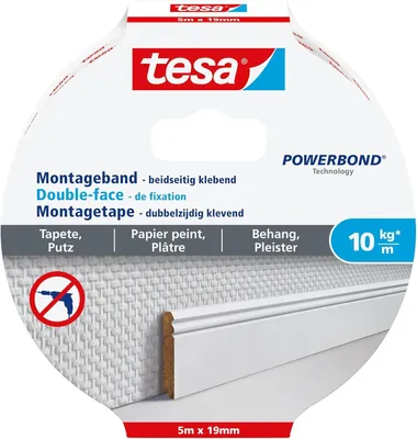Produktbild von tesa Montageband Tapete & Putz, 10 kg Haltekraft pro Meter - starkes, doppelseitiges Montageklebeband zur Befestigung auf Gips und Tapeten - 5 m x 19 mm