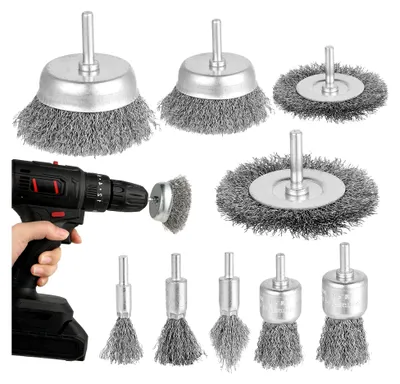 Produktbild von 9-teiliges Drahtbürsten-Set für Bohrmaschine/Akkuschrauber - 1/4-Zoll (6 mm) Schaftbürste, Drahtbürstenrad, Topfbürste und Rohrbürsten zum Entgraten, Entfernen von Rost, Farbe und Polieren