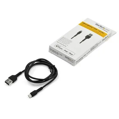Immagine prodotto di StarTech.com Cavo da USB-A a Lightening bianco da 1m di colore nero - Robusto e resistente cavo di alimentazione/sincronizzazione in fibra aramidica da USB tipo A a Lightening - Con  Apple MFi per iPad/iPhone 12