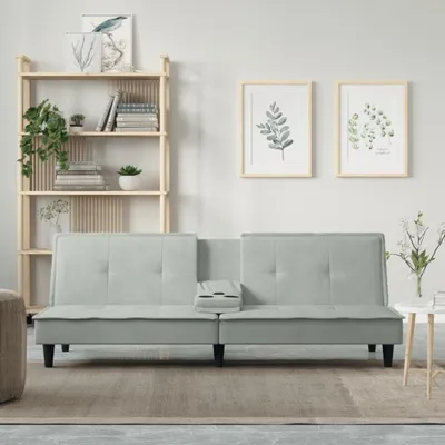 Zdjęcie produktu dla The Living Store Sofa rozkładana z uchwytami na kubki Jasnoszary aksamit