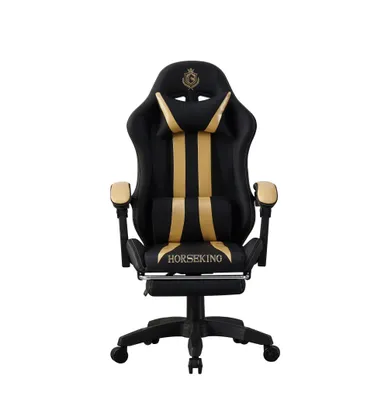 A black and gold gaming chair with a headrest and lumbar support.