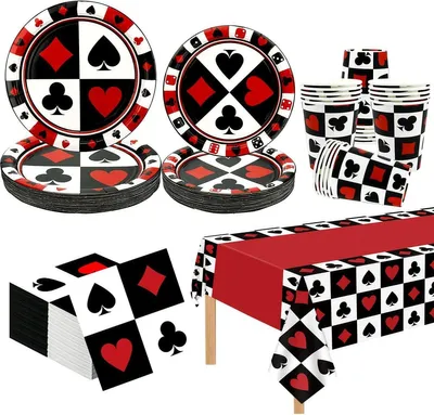 Produktbild von Dekorationsset für Casino-Mottopartys mit Tellern, Servietten, Bechern und Tischdecke für 20 Gäste