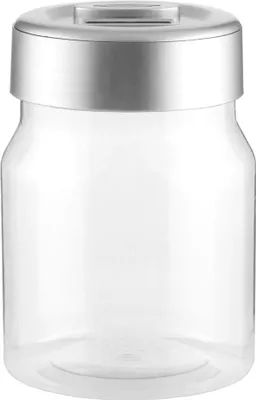 A clear, studio shot of a clear plastic jar with a silver lid.