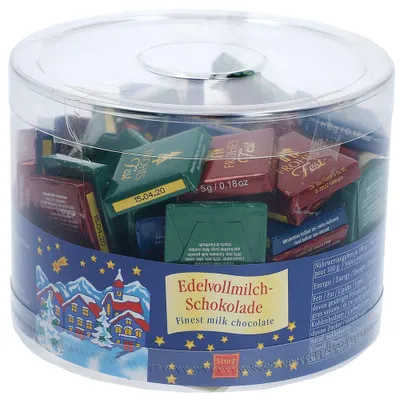 Produktbild von Storz 100er SET Täfelchen "Frohe Weihnachten", C&C Dose 500 g (100 Stk. à je 5 g) / Schokolade / Weihnachten
