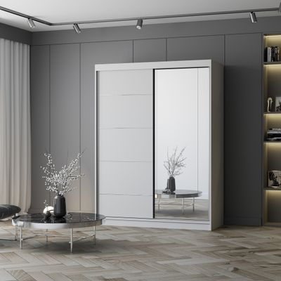 Kleiderschrank Schiebetürenschrank Schrank Schwebetürenschrank 150 cm Weiß/Weiß mit Spiegel Vista 05