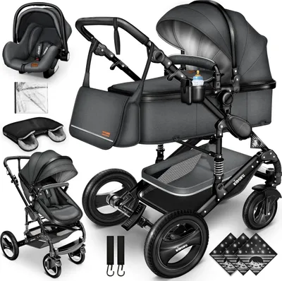 Produktbild von KIDUKU® 3 in 1 Kombi Kinderwagen Anthrazit/Schwarz Buggy Reisebuggy inkl. Auto- Babyschale Faltbar ECE R129