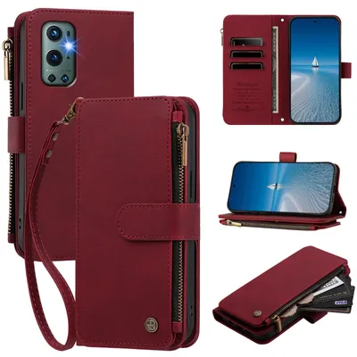 Obrázek produktu pro Pouzdro pro OnePlus 9 Pro,Polyuretankůže peněženkové pouzdro, na karty, kapsa na zip, stojánek, poutko Červená