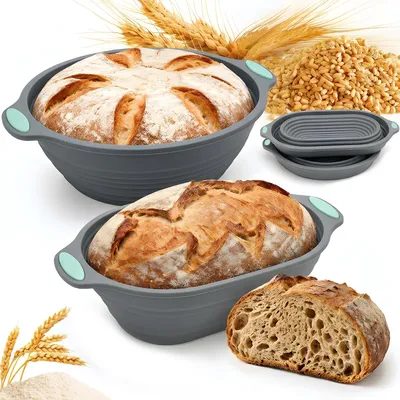 Produktbild von 2 Stk Brotkorb faltbare & waschbare Silikon Gärkörbchen (rund & oval) Brot Gärkorb: 30cm Gärkörbchen Oval + 28cm Gärkörbchen Rund, Backform Klappbare