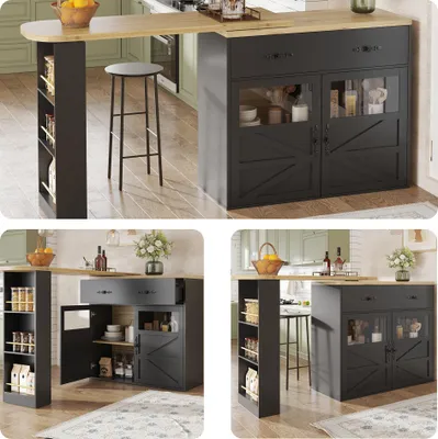 Produktbild von MODFU Kücheninsel Um 360° drehbarer Bartisch,mit Stauraum und Regalen,Modernes mobiles Sideboard,Schwarz