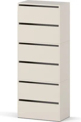 A tall, narrow, beige cabinet with five drawers, each with a thin black horizontal handle.