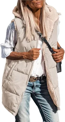 Produktbild von ASKSA Damen Wendewesten aermellose Fleecejacke Reissverschluss Kapuzenpullover Lange Warme Wintermantel, Beige, XL