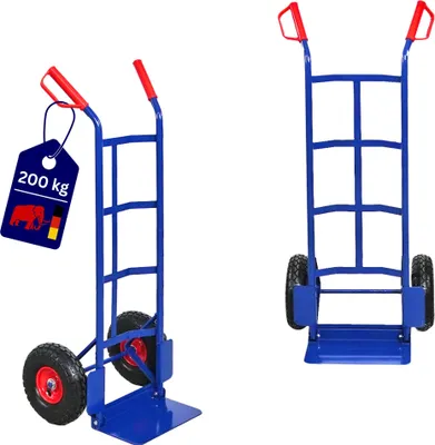 Produktbild von Sackkarre ODIN mit klappbarer Schaufel, gebogenen Streben & Luftbereifung | Traglast 200kg | HxBxT 115x54x44cm | Blau | Transportkarre Staplerkarre klappbar