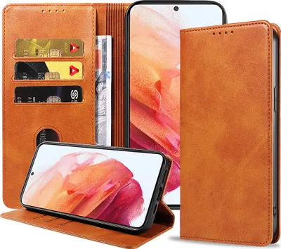 Produktbild von Smartphonica Samsung Galaxy S21 leren  hoesje met magnetische sluiting en pashouders book case – Bruin